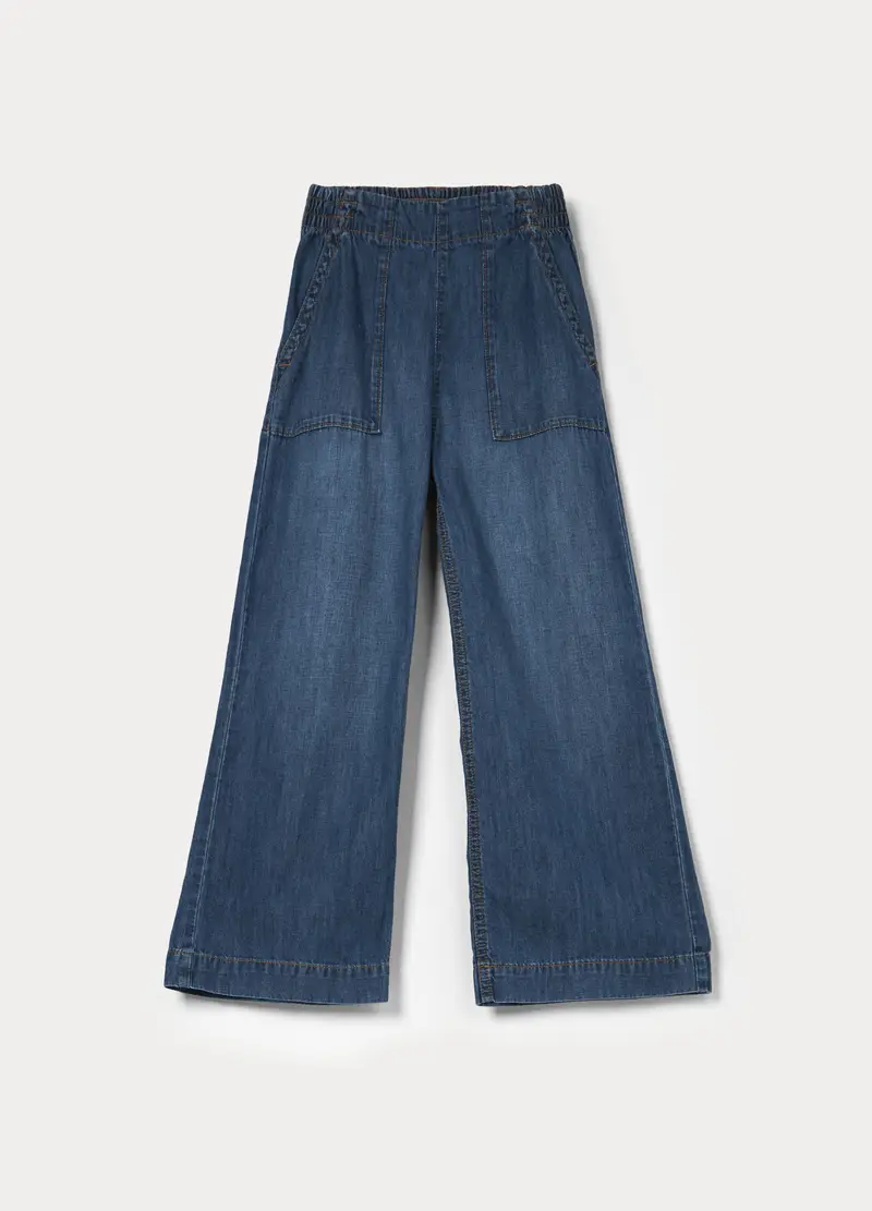 Pantaloni Wide Leg In Denim Di Puro Cotone Ragazza, Bambina, Blu Bluette