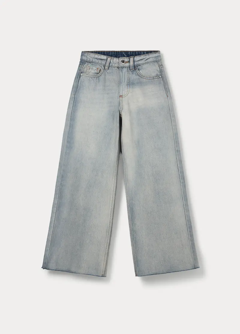 Pantaloni Wide Leg In Denim Di Puro Cotone Ragazza, Bambina, Blu chiaro
