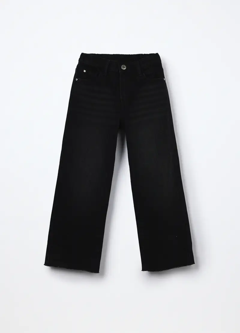Pantaloni Wide Leg In Denim Di Puro Cotone Ragazza, Bambina, Nero
