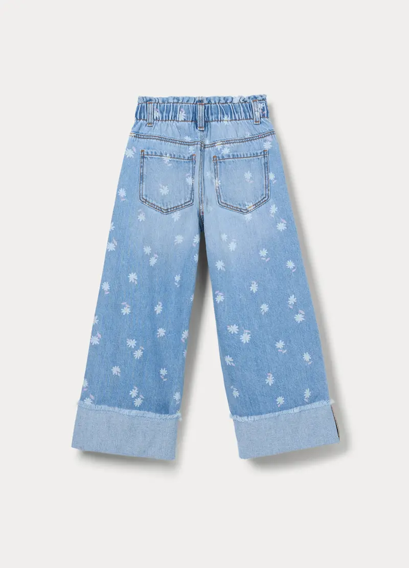 Pantaloni Wide Leg In Denim Misto Cotone Bambina, Azzurro miniatura 2