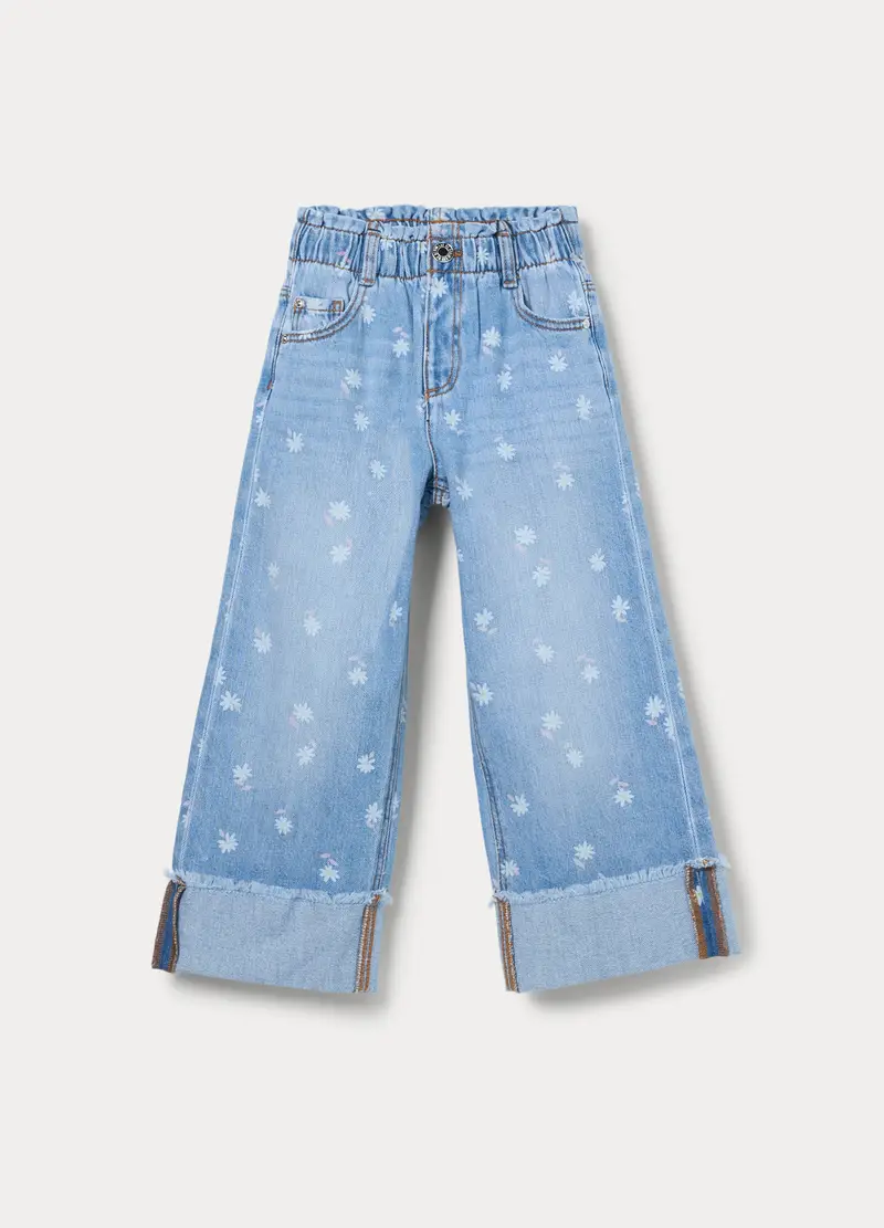 Pantaloni Wide Leg In Denim Misto Cotone Bambina, Azzurro
