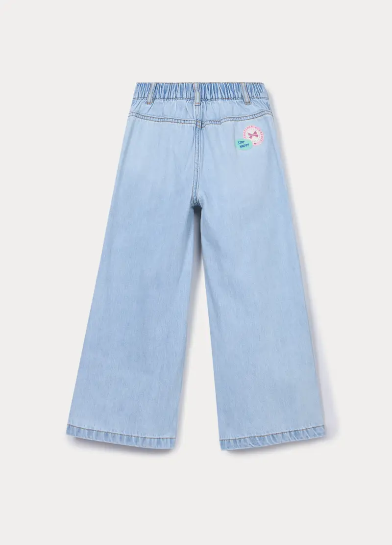 Pantaloni Wide Leg In Denim Misto Cotone Bambina, Azzurro chiaro miniatura 2