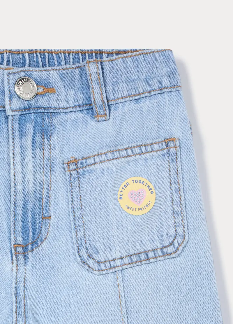 Pantaloni Wide Leg In Denim Misto Cotone Bambina, Azzurro chiaro miniatura 3