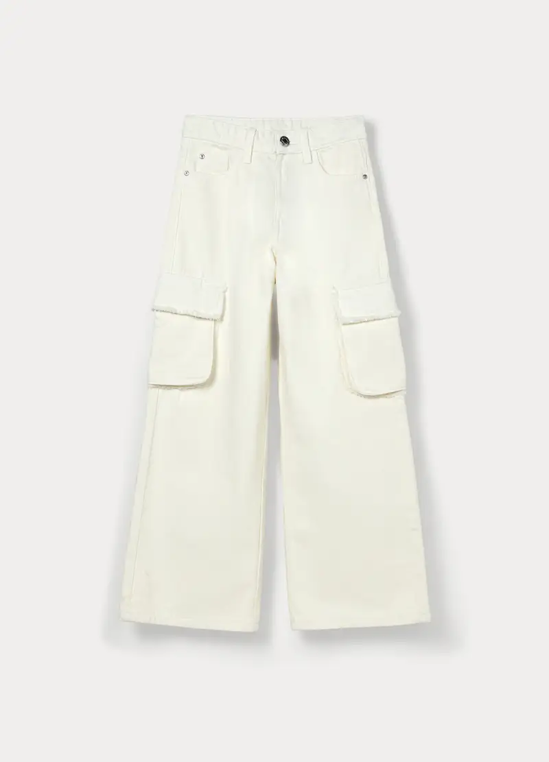 Pantaloni Wide Leg In Twill Di Puro Cotone Ragazza, Bambina, Bianco gesso
