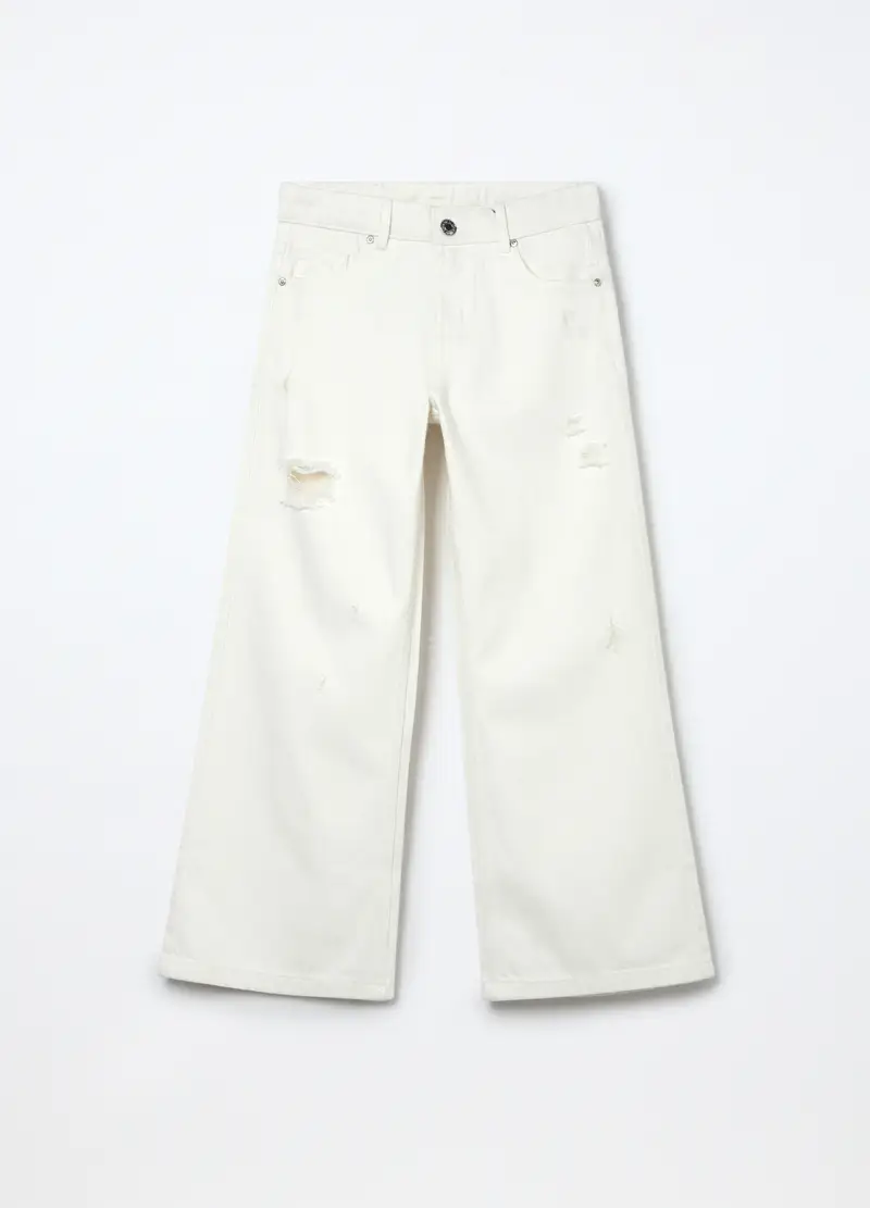 Pantaloni Wide Leg Ripped In Denim Ragazza, Bambina, Bianco panna