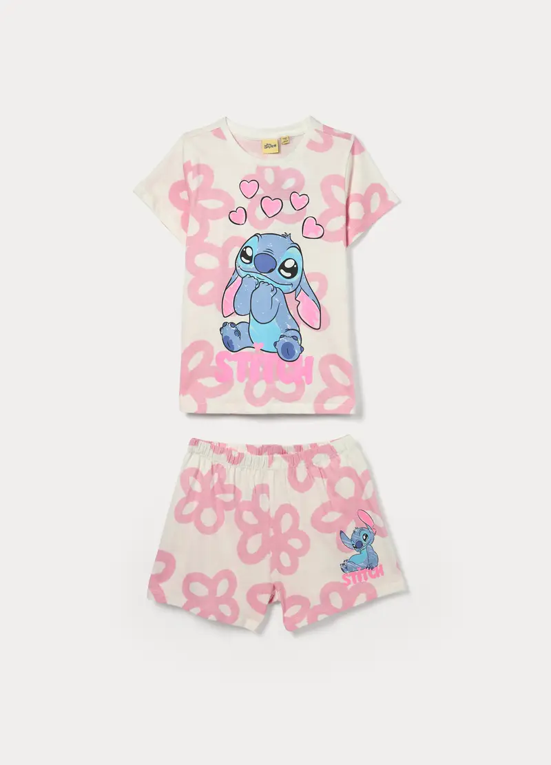 Pigiama Corto Stitch In Jersey Di Puro Cotone Bambina, Bianco
