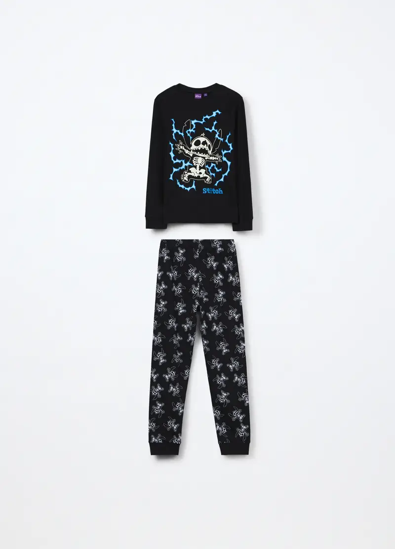 Pigiama Lungo In Interlock Di Puro Cotone Bambino, Nero stampa 1