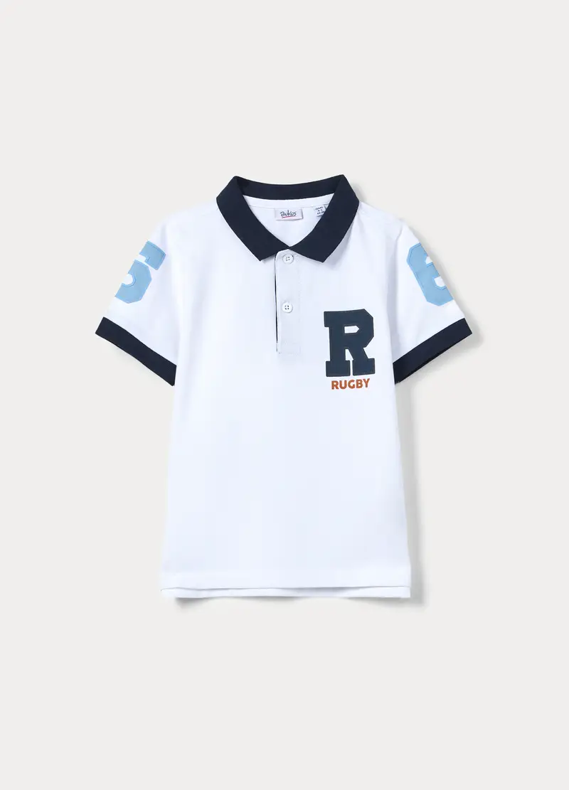 Polo In Cotone Stretch Piquet Bambino, Bianco/Blu