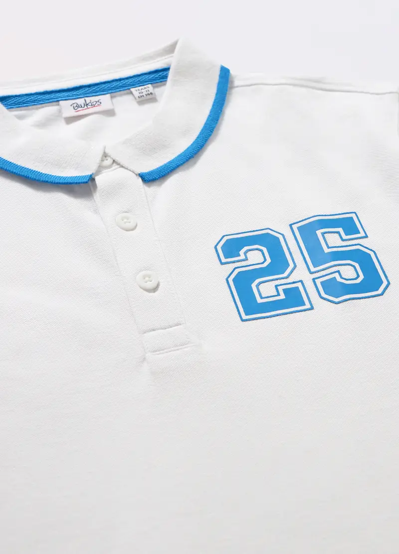 Polo In Cotone Stretch Piquet Ragazzo, Bambino, Bianco/Azzurro miniatura 2