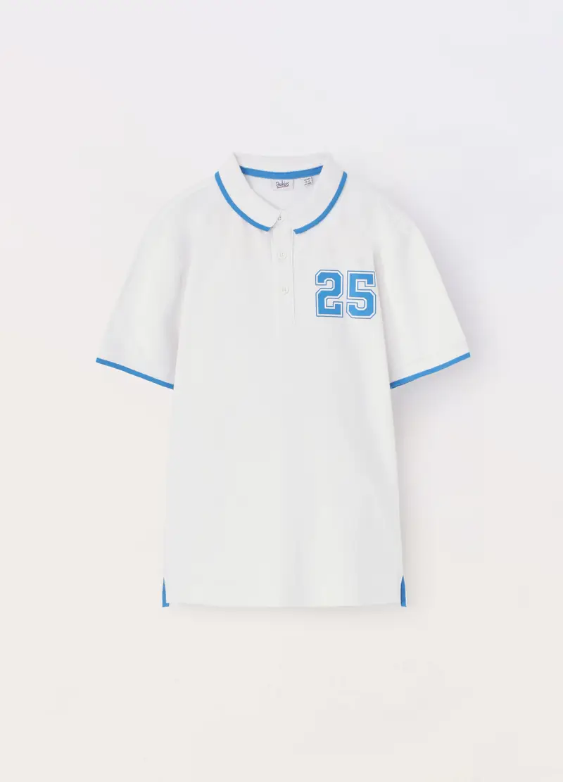 Polo In Cotone Stretch Piquet Ragazzo, Bambino, Bianco/Azzurro