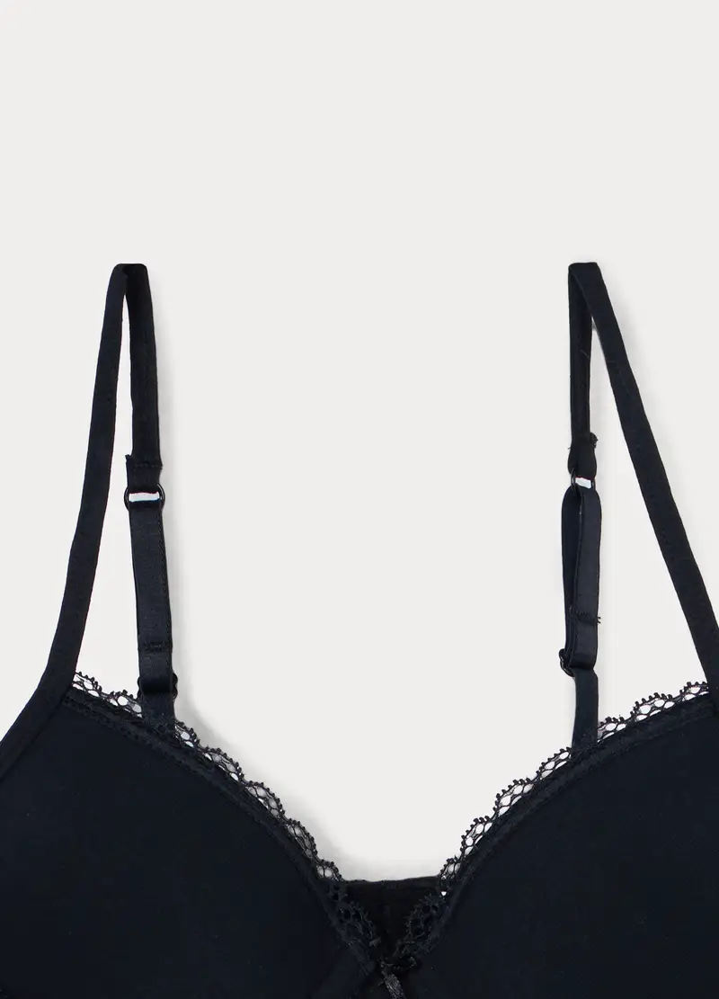 Reggiseno Imbottito In Cotone Stretch Con Pizzo Ragazza, Bambina, Nero miniatura 3