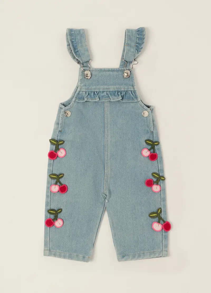 Salopette Denim Con Ricami Di Ciliegie In Misto Viscosa, Neonata, Grigio
