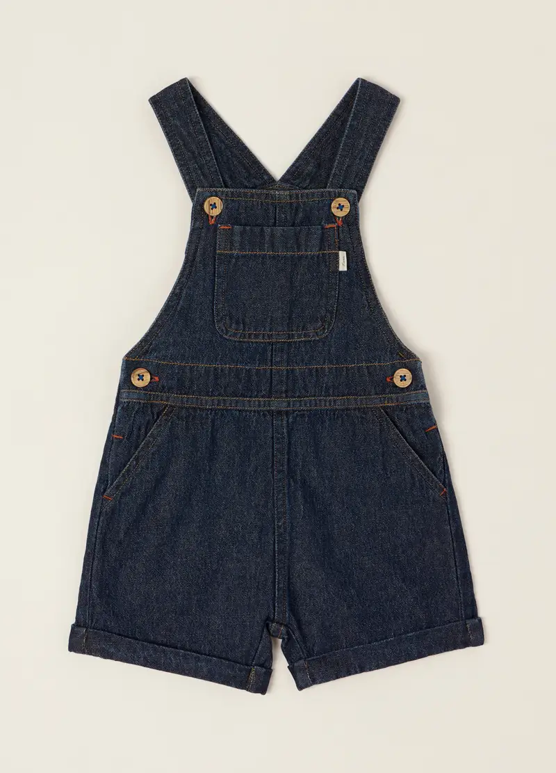 Salopette In Chambray Di Puro Cotone Iana, Neonato, Blu denim