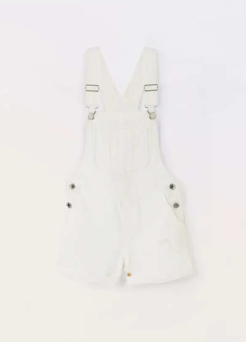 Salopette In Denim Di Puro Cotone Ragazza, Bambina, Bianco gesso