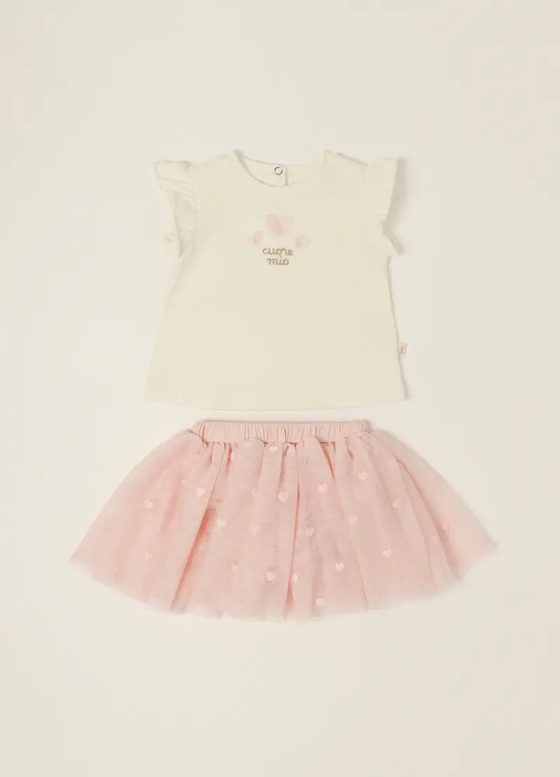 Set Bambina Bianco E Rosa Con Maglietta E Gonna, Neonata, Beige
