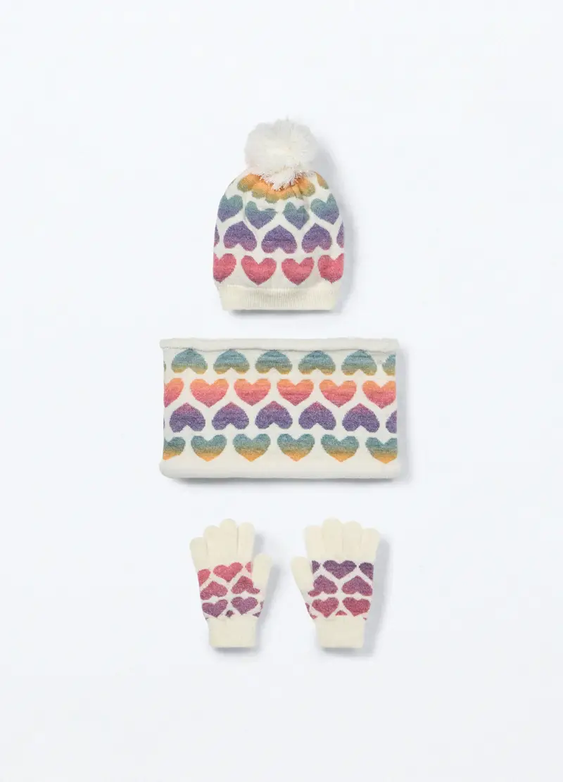 Set Berretto + Guanti + Scaldacollo Tricot, Bambina, Bianco