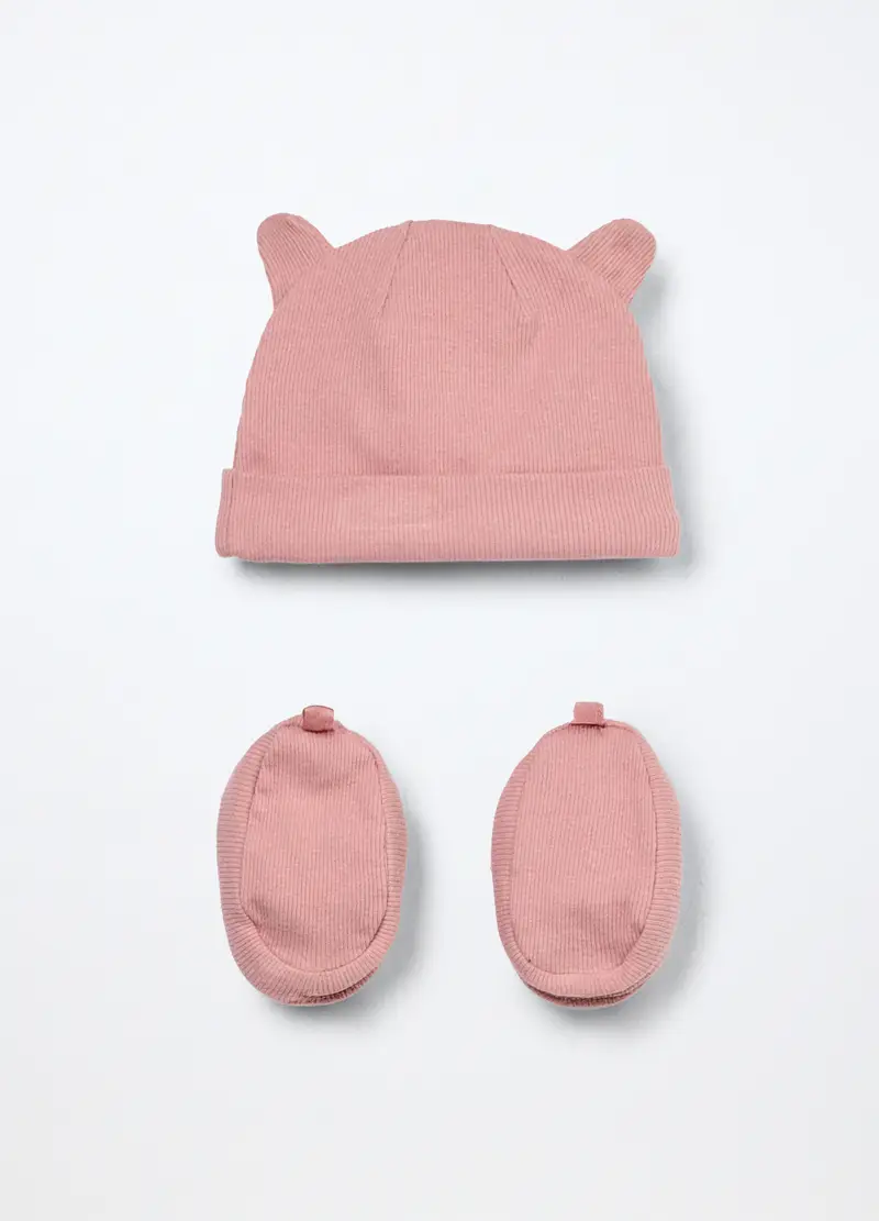 Set Berretto + Scarpine In Costina Di Puro Cotone Neonata, Rosa scuro, .U miniatura 2