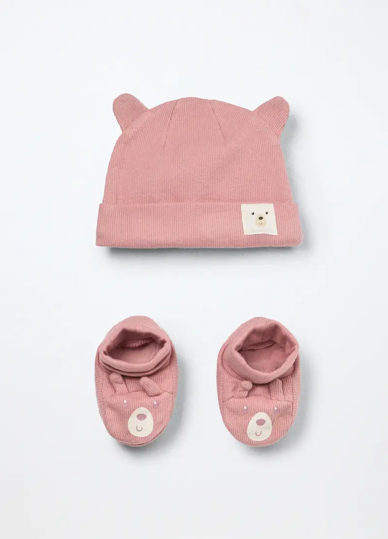 Set Berretto + Scarpine In Costina Di Puro Cotone Neonata, Rosa scuro, .U