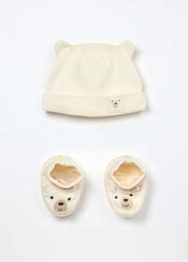 Blukids, Set Berretto + Scarpine In Costina Di Puro Cotone Neonato, Unisex, Bianco panna, Taglia: T.U.