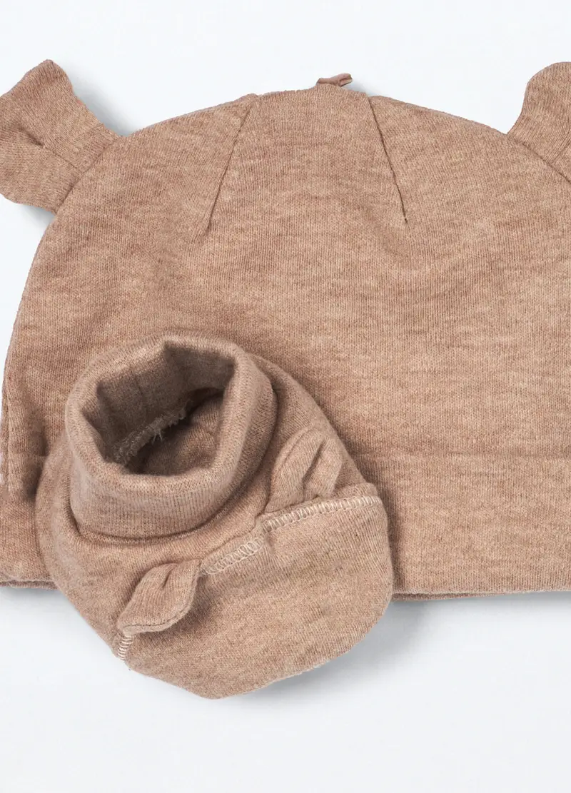 Set Berretto + Scarpine In Interlock Di Puro Cotone Neonato, Unisex, Bianco/Marrone, .U miniatura 2