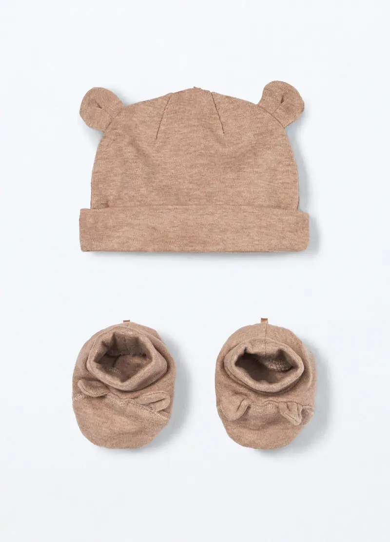 Set Berretto + Scarpine In Interlock Di Puro Cotone Neonato, Unisex, Bianco/Marrone, .U