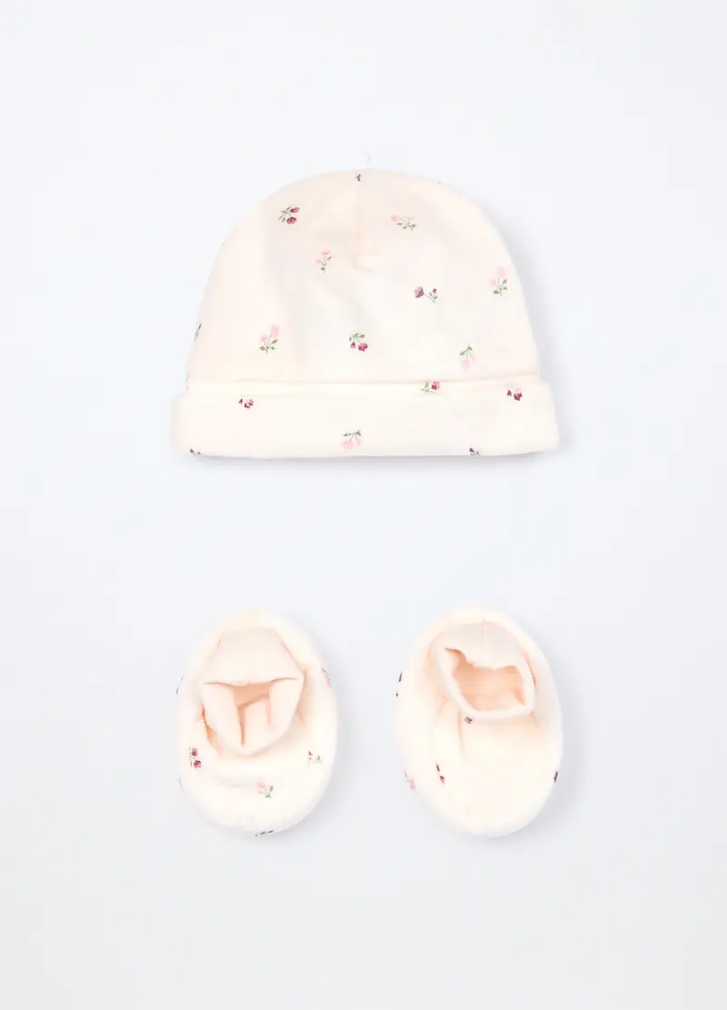 Set Berretto + Scarpine In Puro Cotone Velour Neonata, Bianco gesso, .U