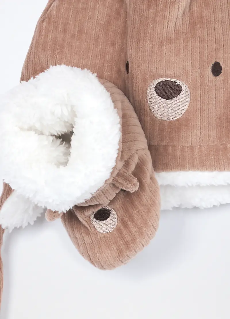 Set Berretto + Scarpine In Puro Cotone Velour, Neonata, Marrone cioccolato, .U miniatura 2