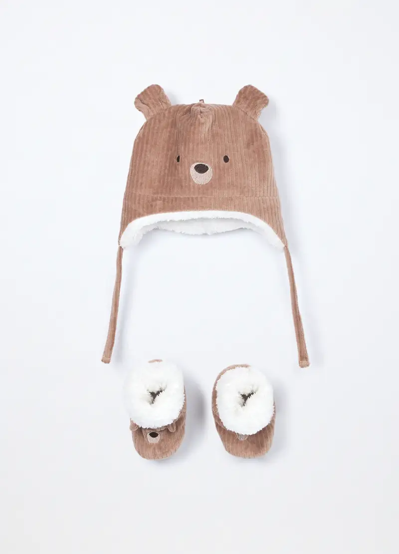 Set Berretto + Scarpine In Puro Cotone Velour, Neonata, Marrone cioccolato, .U