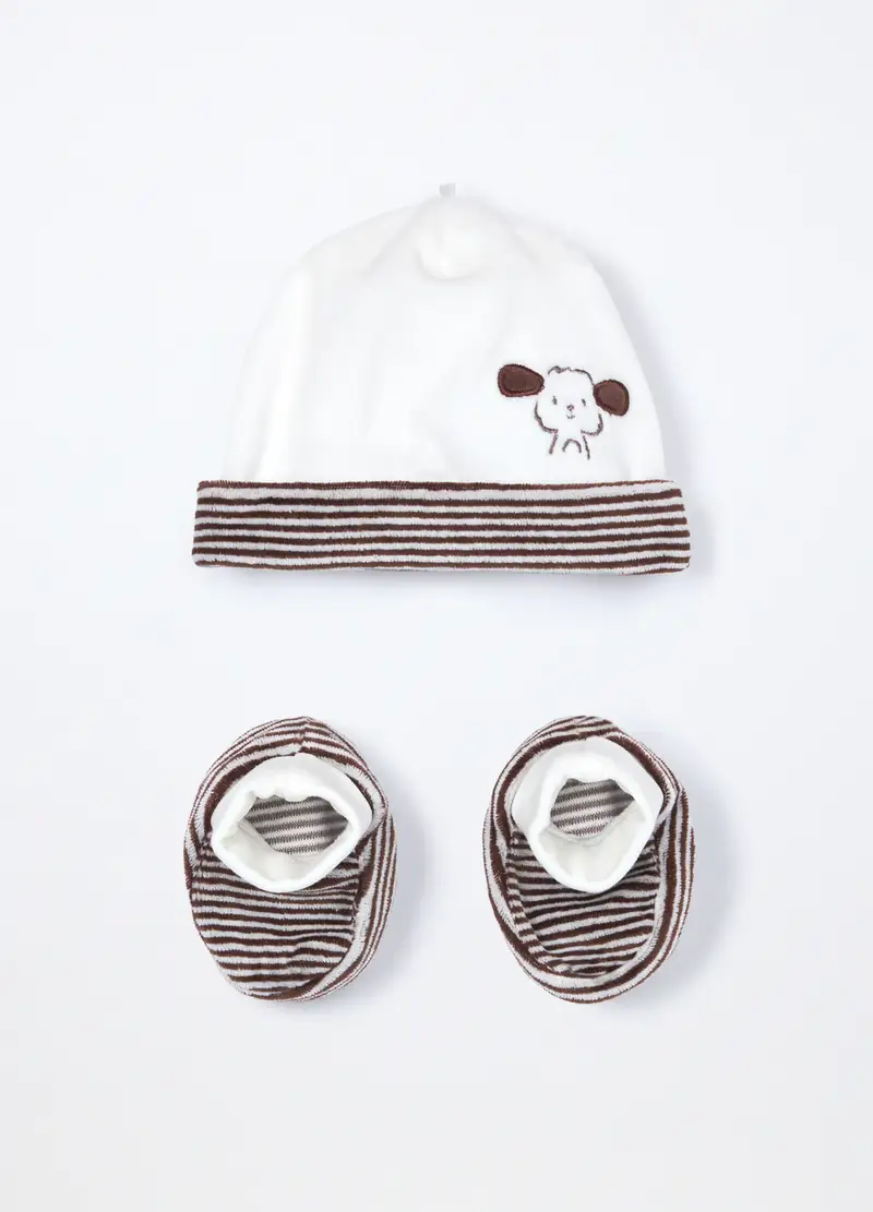 Set Berretto + Scarpine In Puro Cotone Velour Neonato, Bianco, .U