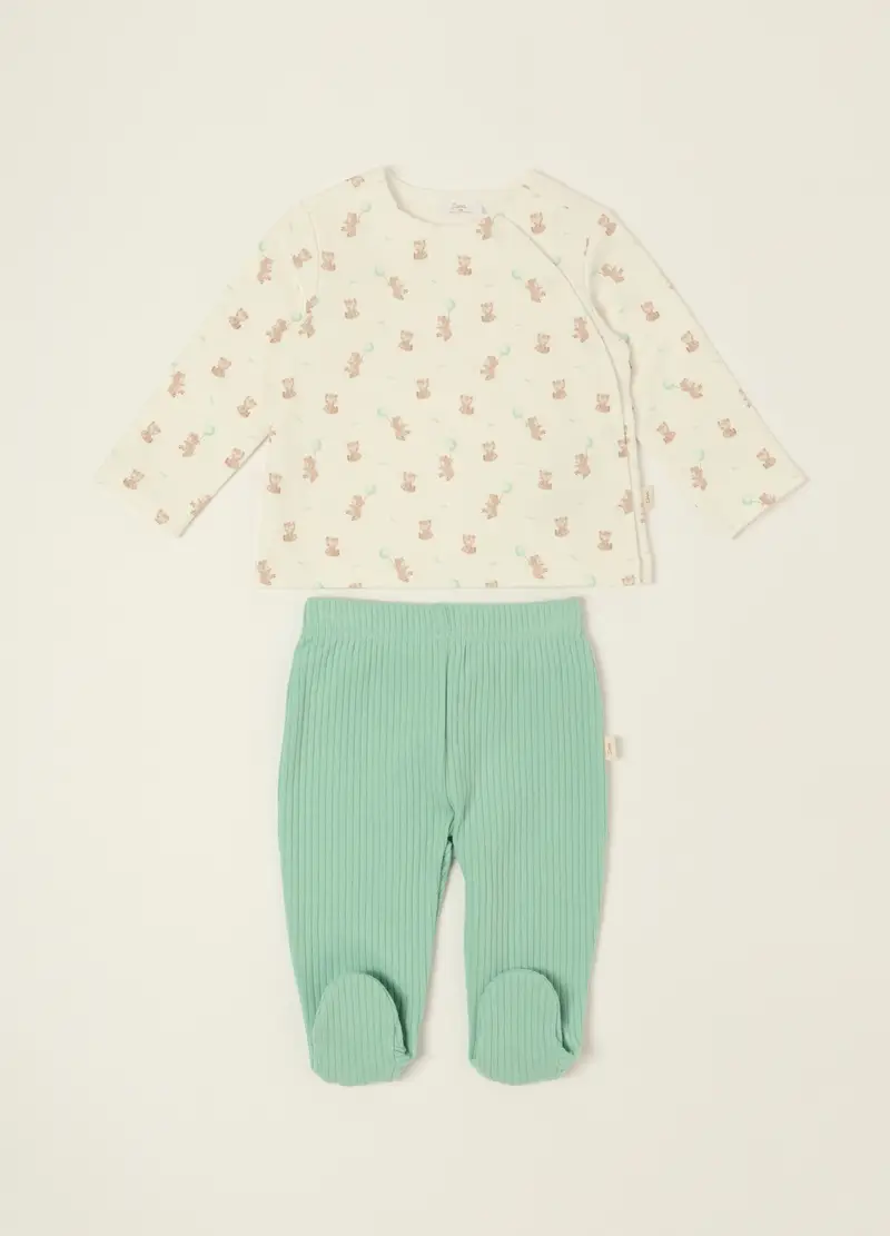 Set Bianco E Verde In Cotone Organico, Neonato, Beige/Verde