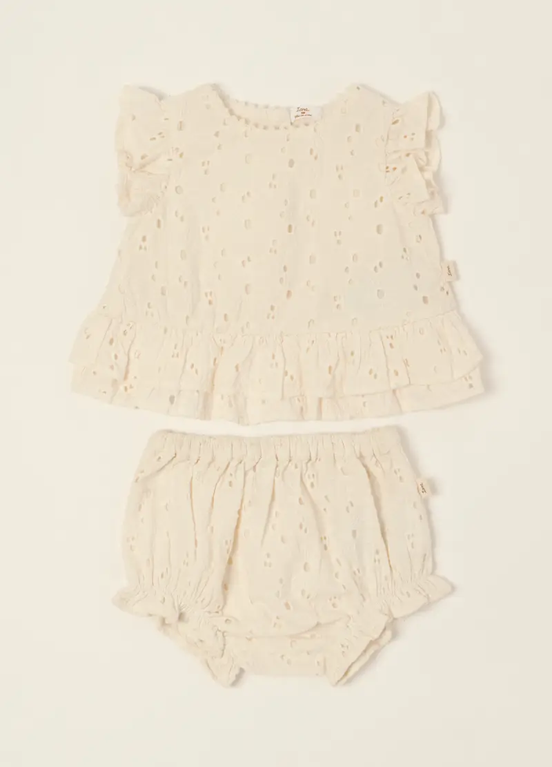 Set Bianco In Puro Cotone Con Volant, Neonata, Beige