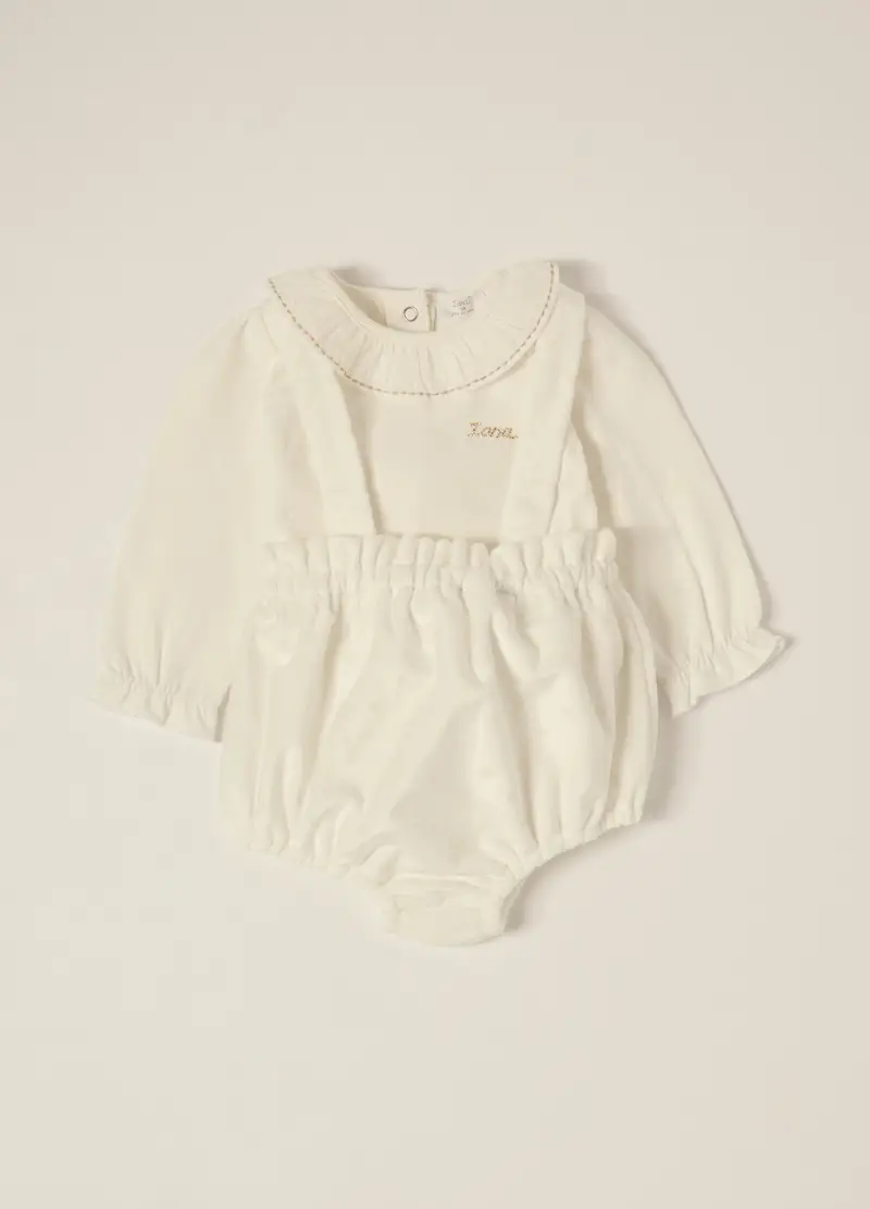 Set Body E Salopette In Velour Stretch Iana, Neonata, Bianco panna miniatura 2
