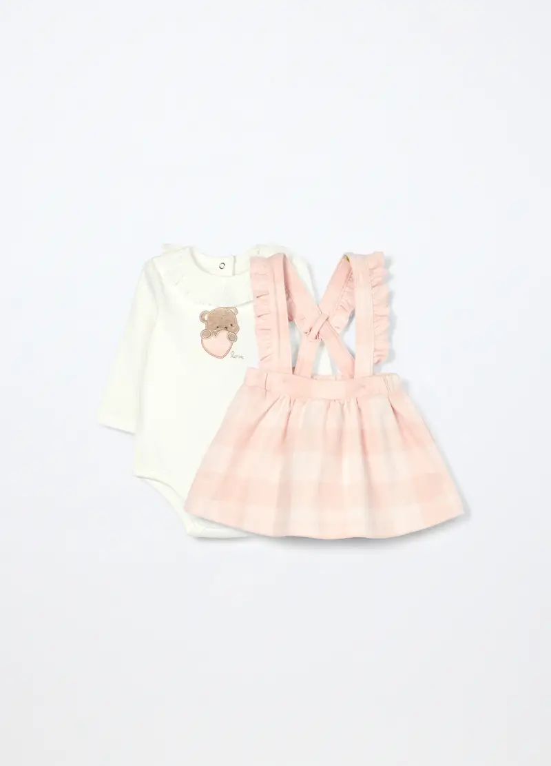 Set Body + Salopette In Interlock Di Puro Cotone Neonata, Rosa chiaro