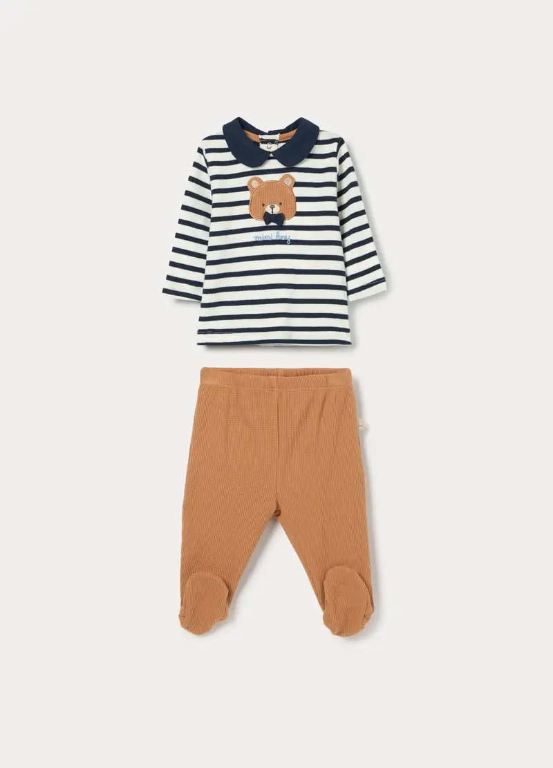 Set In Interlock Di Puro Cotone Neonato, Bianco/Blu