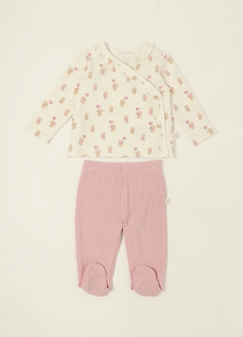 Set Neonato Bianco E Rosa In Cotone Organico, Neonata, Beige/Rosa