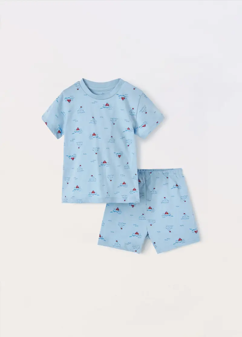 Blukids, Set Pigiama Corto In Jersey Di Puro Cotone Neonato, Azzurro chiaro, Taglia: 12-18