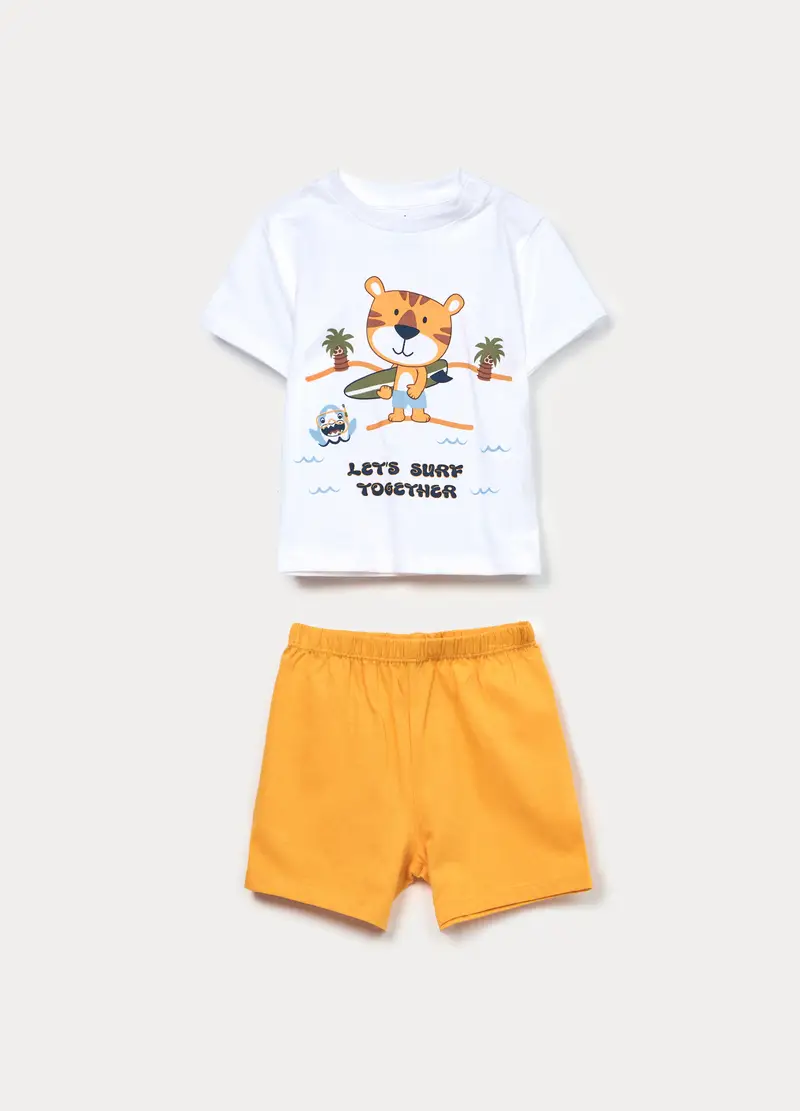 Set Pigiama Corto In Jersey Di Puro Cotone, Neonato, Bianco