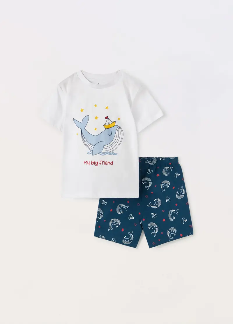 Set Pigiama Corto In Jersey Di Puro Cotone Neonato, Blu Bluette