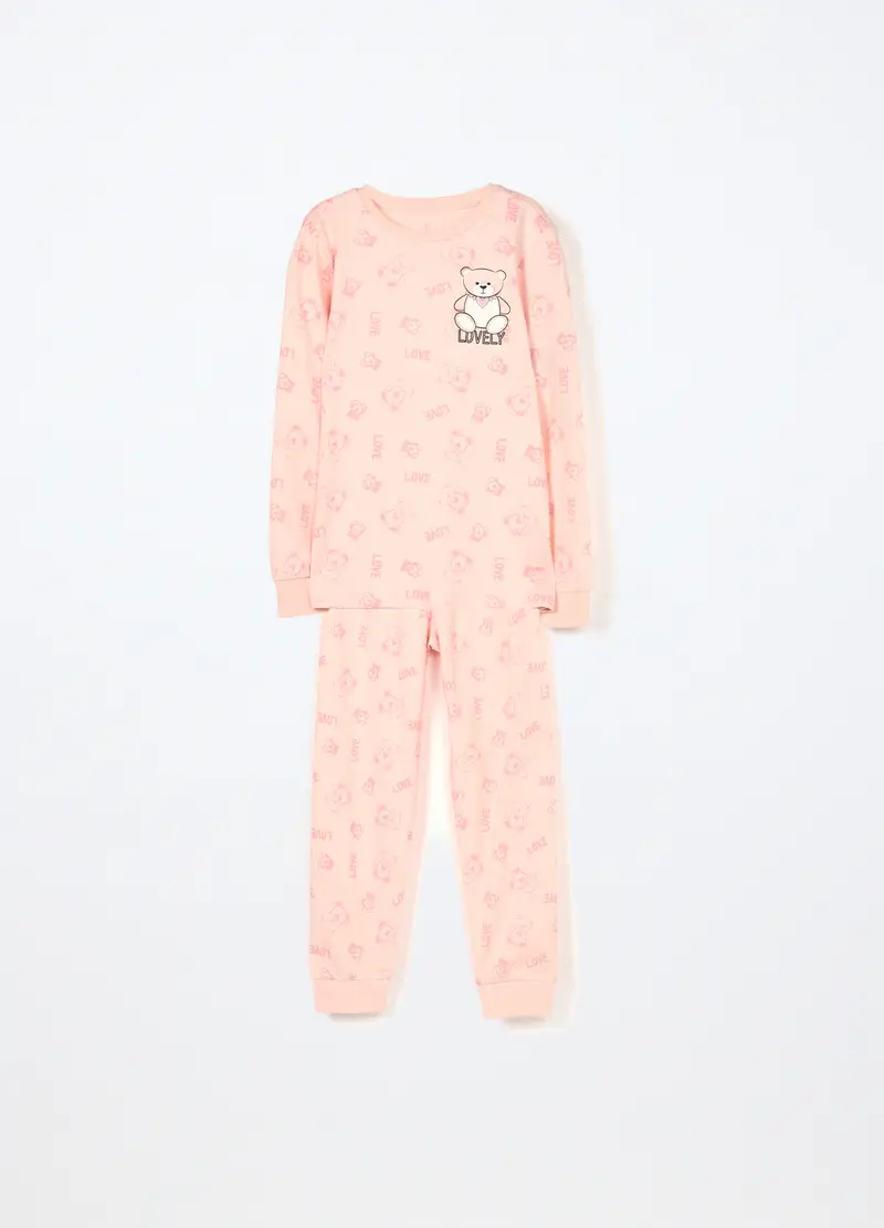 Set Pigiama In Interlock Di Puro Cotone Bambina, Beige chiaro