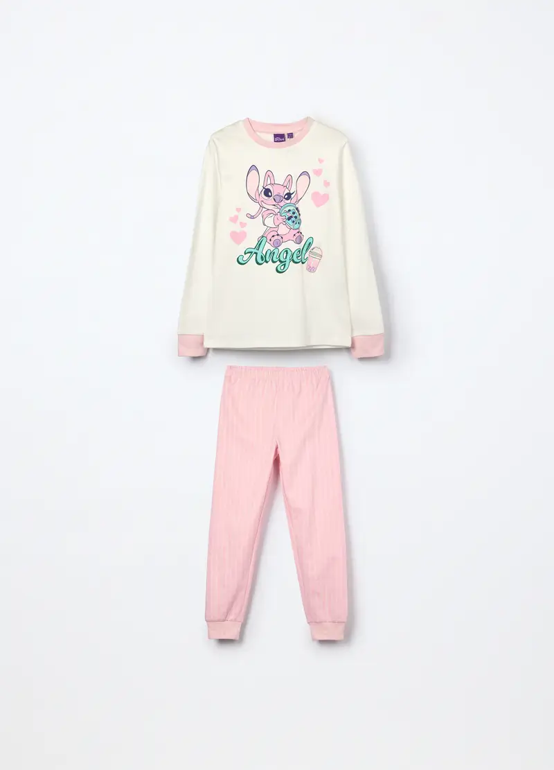 Set Pigiama In Interlock Di Puro Cotone Bambina, Bianco/Rosa