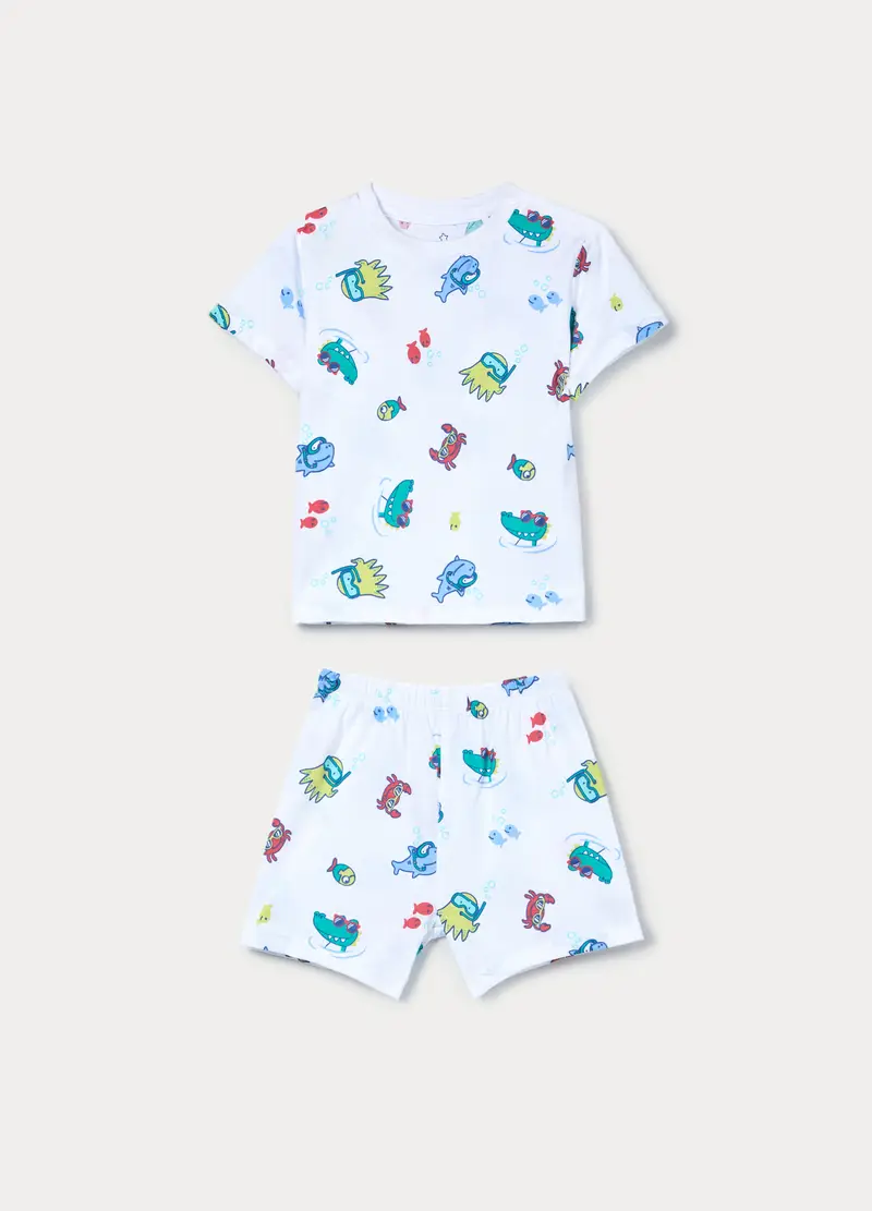 Set Pigiama In Jersey Di Puro Cotone, Neonato, Bianco/Blu