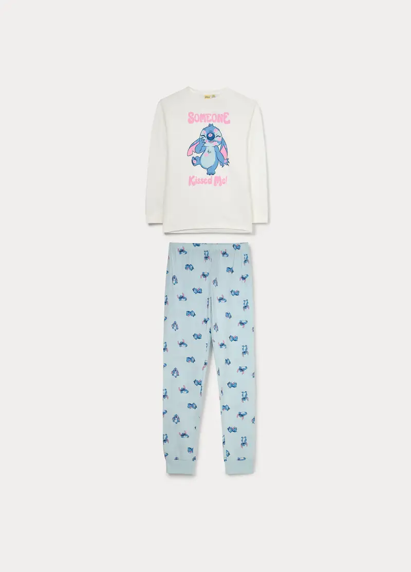 Set Pigiama Lungo Disney In Jersey Di Puro Cotone Ragazza, Bambina, Bianco/Azzurro