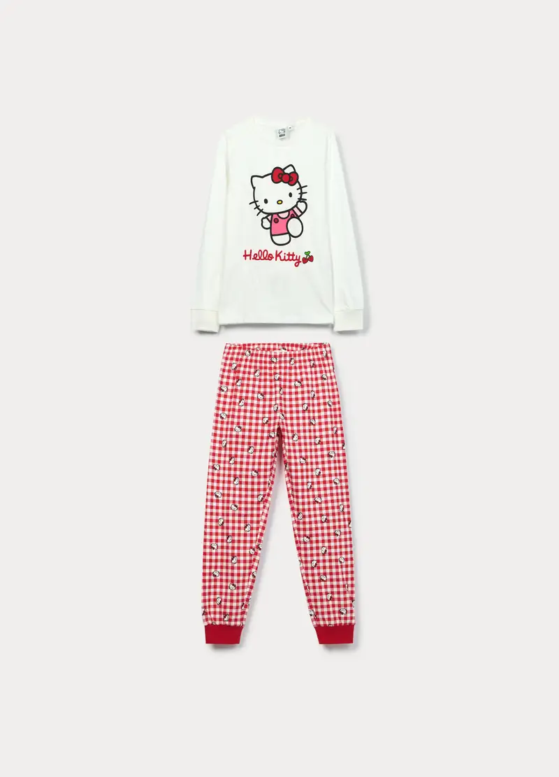 Set Pigiama Lungo Hello Kitty In Jersey Di Puro Cotone Bambina, Bianco/Rosso