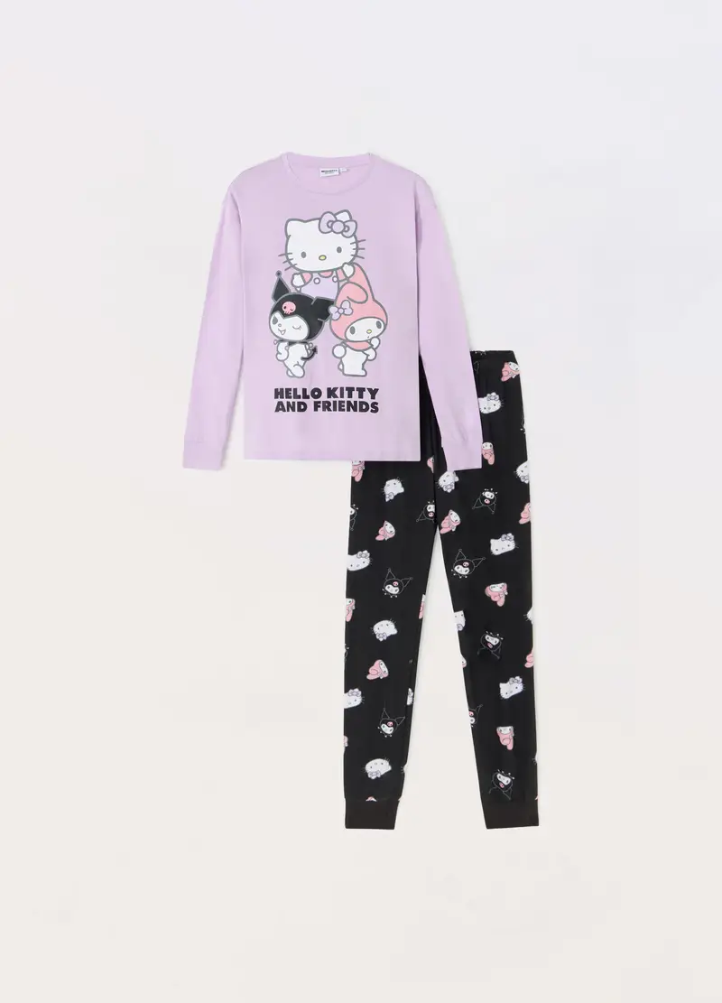 Set Pigiama Lungo Hello Kitty In Puro Cotone, Bambina, nero/viola