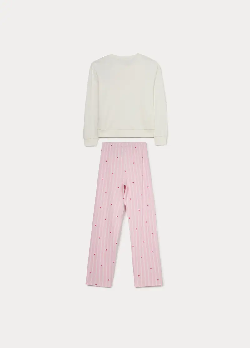 Set Pigiama Lungo In Interlock Di Puro Cotone Bambina, Bianco/Rosa miniatura 2