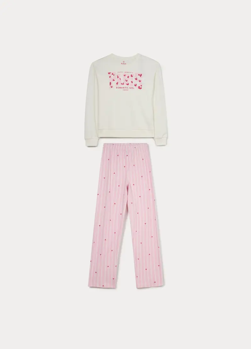 Set Pigiama Lungo In Interlock Di Puro Cotone Bambina, Bianco/Rosa