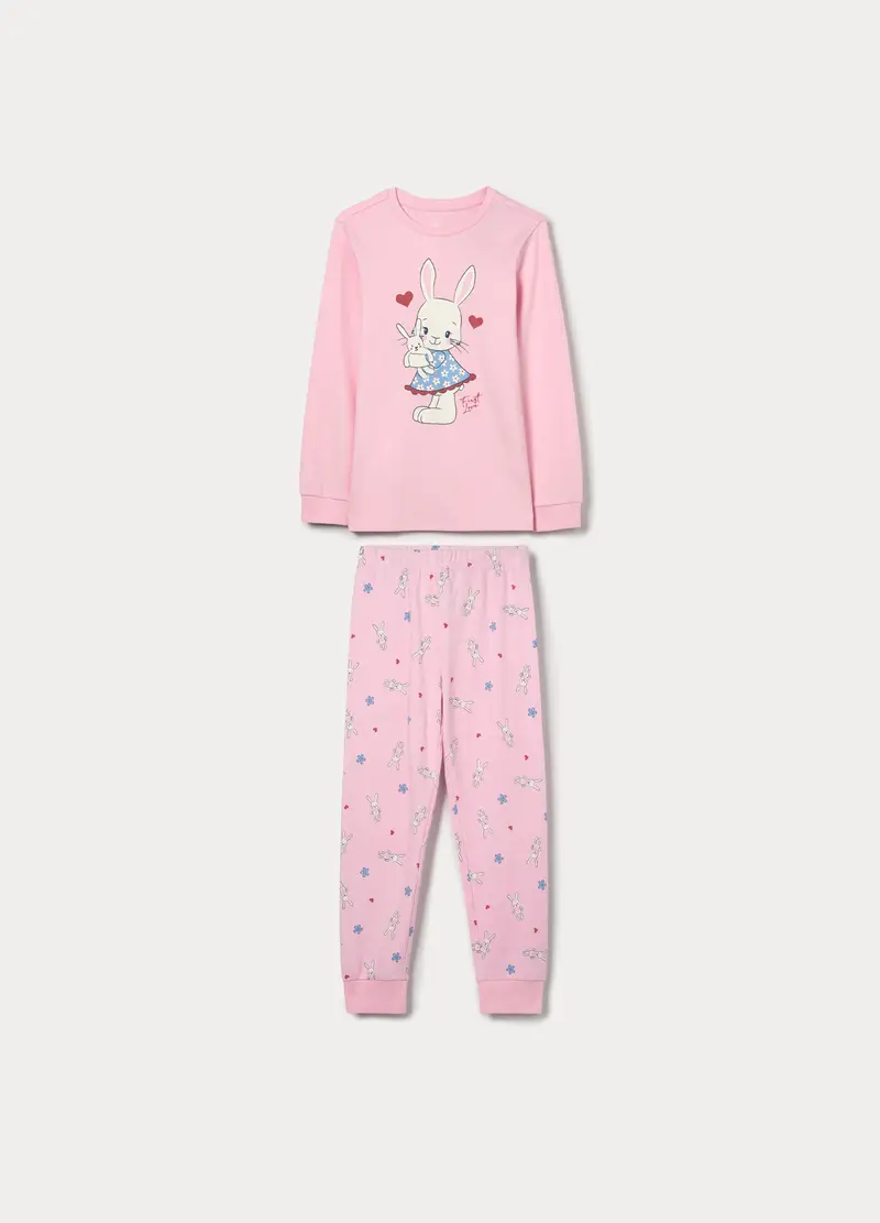 Set Pigiama Lungo In Interlock Di Puro Cotone Bambina, Rosa pastello