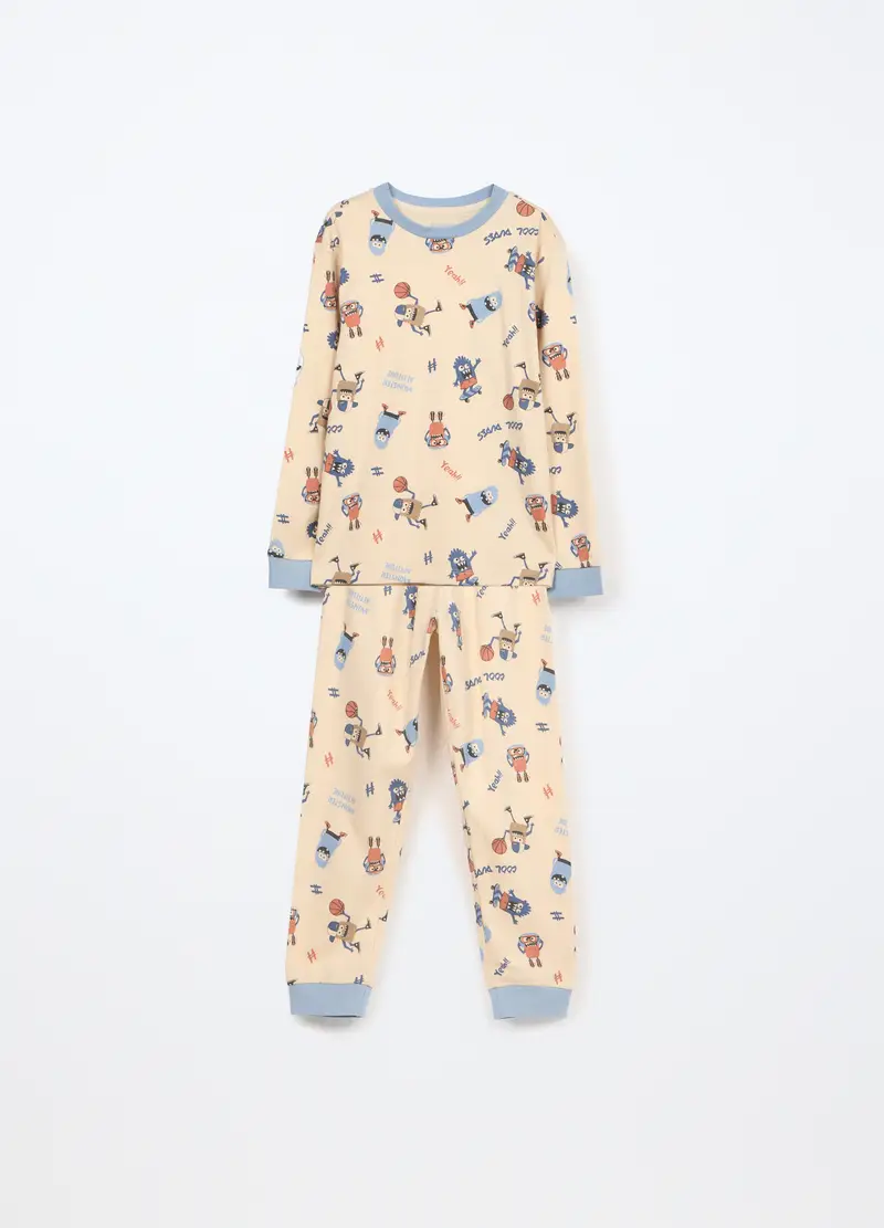 Set Pigiama Lungo In Interlock Di Puro Cotone Bambino, Beige chiaro