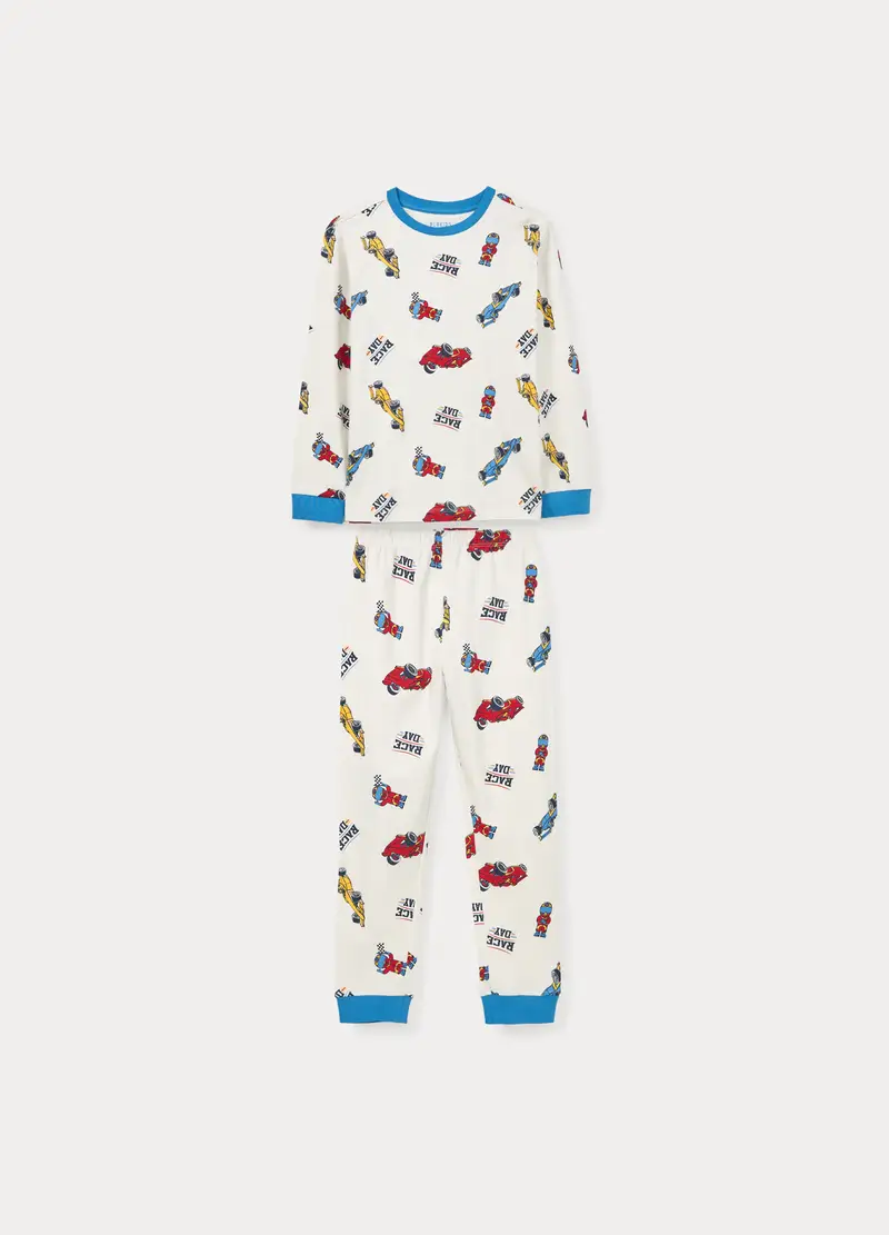 Set Pigiama Lungo In Interlock Di Puro Cotone Bambino, Bianco/Blu