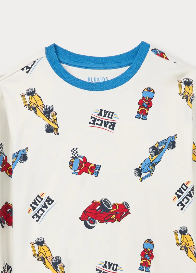 Set Pigiama Lungo In Interlock Di Puro Cotone Bambino, Bianco/Blu miniatura 3